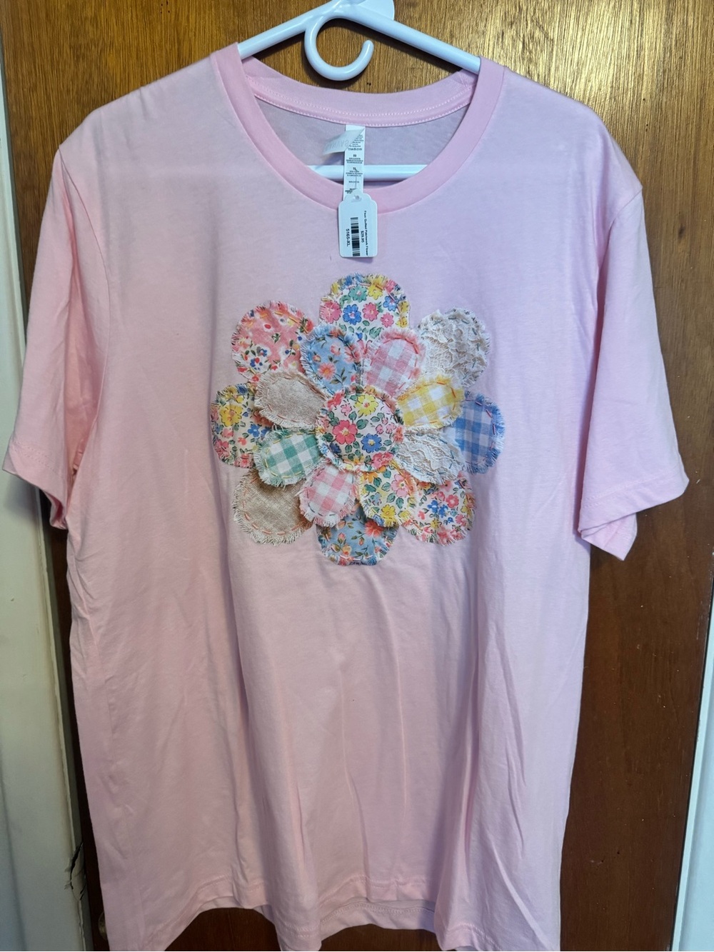 Bella Canvas Pink Short Sleeve Tee with Patchwork Flower Applique
